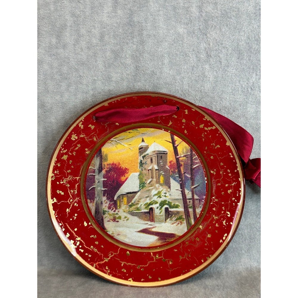 Vintage Red Christmas Plate Glass Winter Scene 9" Wall Hanging Ribbon 9" - Picture 5 of 6